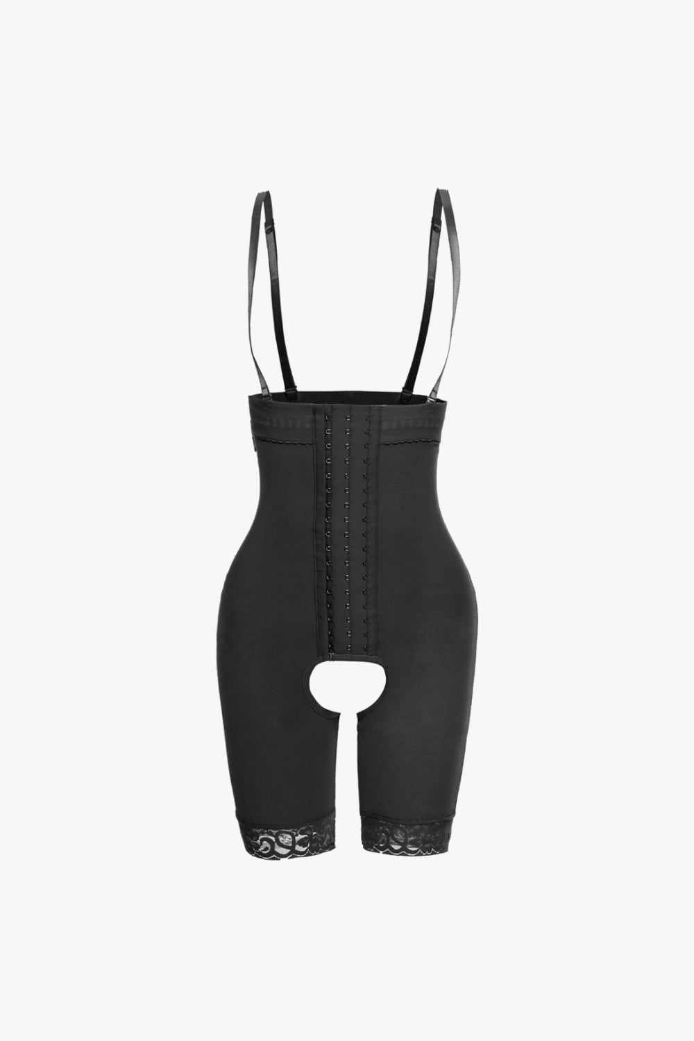 Black plus size shaping bodysuit with adjustable straps and front hook closure for body contouring