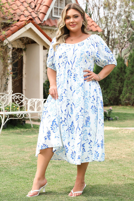 Plus size sky blue floral midi dress with puff sleeves and a square neckline by kjplussizefashion