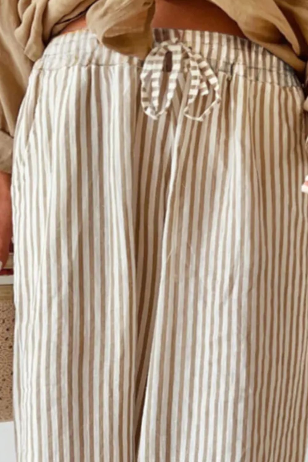 Trendsi plus size striped wide leg pants with adjustable drawstring waist in beige and white