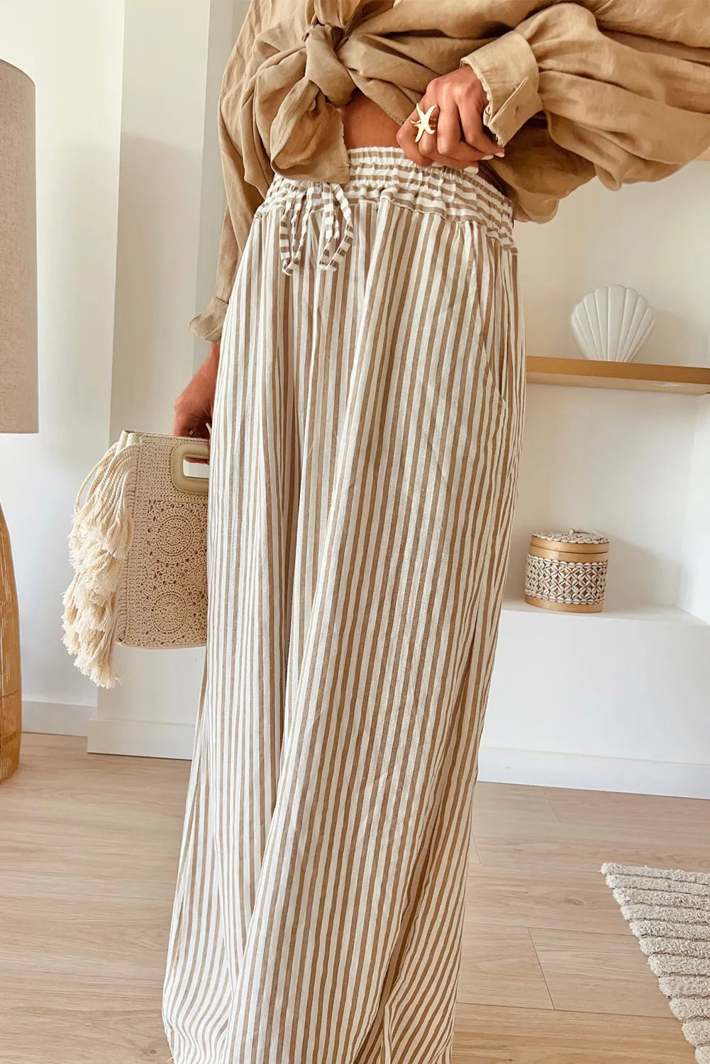 Trendsi plus size striped wide leg pants in beige and white with elastic waist and tie detail
