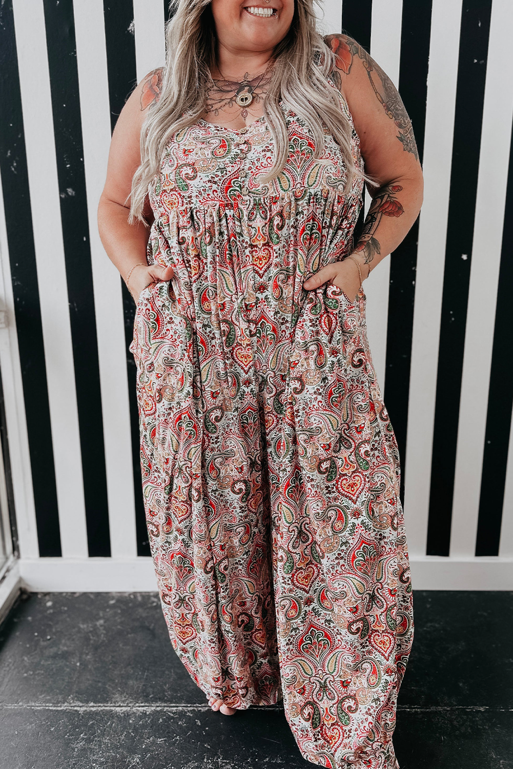 Plus size summer jogger jumpsuit with colorful paisley pattern and sleeveless design by kjplussizefashion