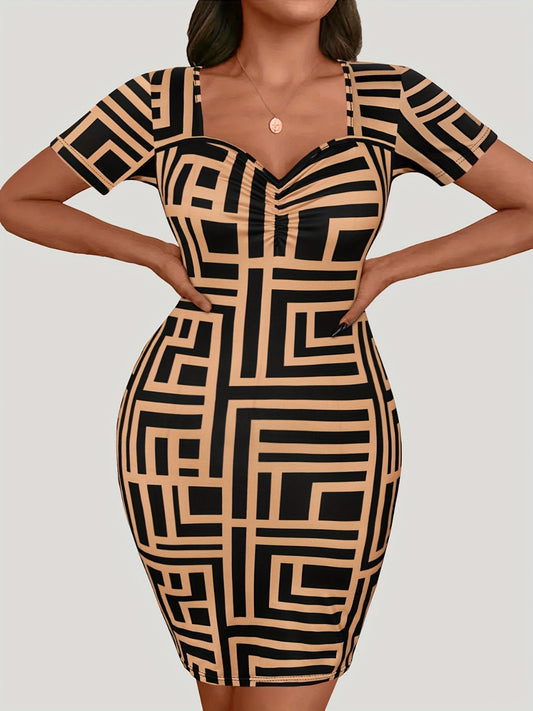 Plus size sweetheart neck mini dress with short sleeves and bold geometric print