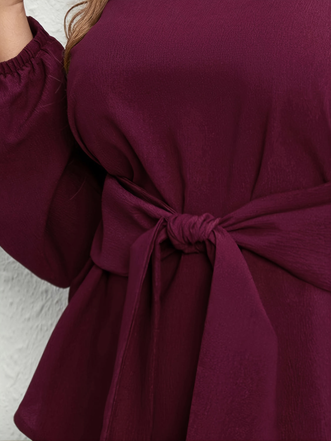 Trendsi plus size tie front blouse in deep burgundy with long balloon sleeves and waist knot detail