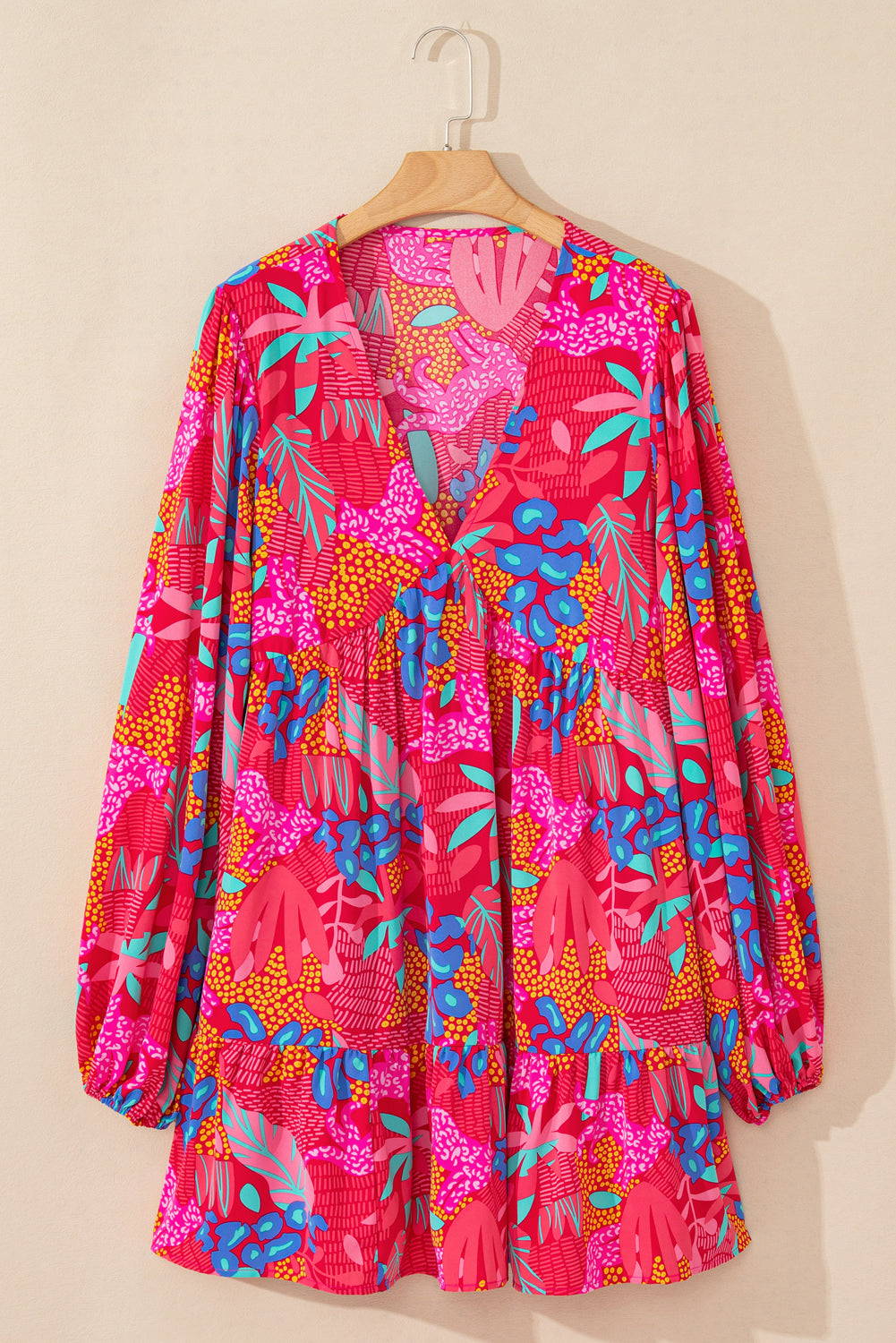kjplussizefashion plus size tropical print mini dress with long sleeves and vibrant colors