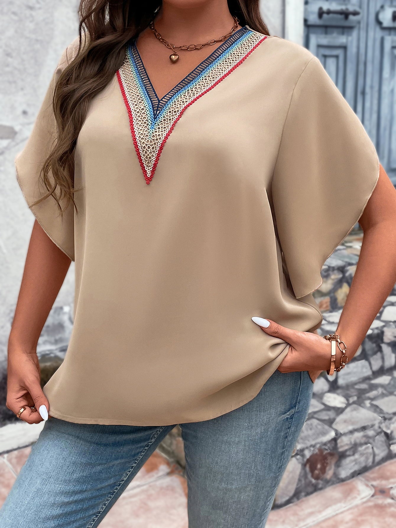 Trendsi plus size v-neck blouse in beige with colorful embroidered neckline and relaxed fit