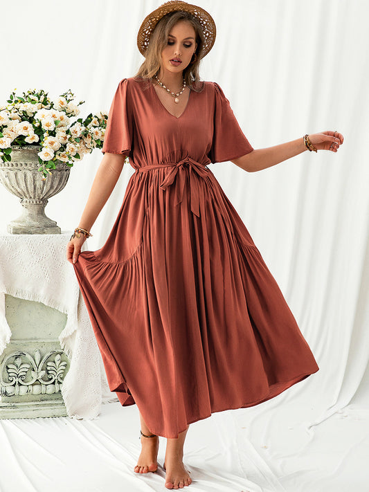 Trendsi plus size v neck midi dress in rust color with short sleeves and waist tie