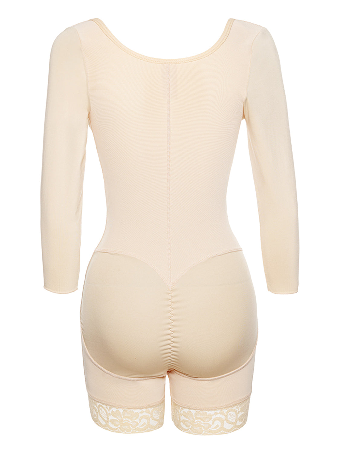 Trendsi beige plus size zip up shapewear with long sleeves and lace trim on thighs