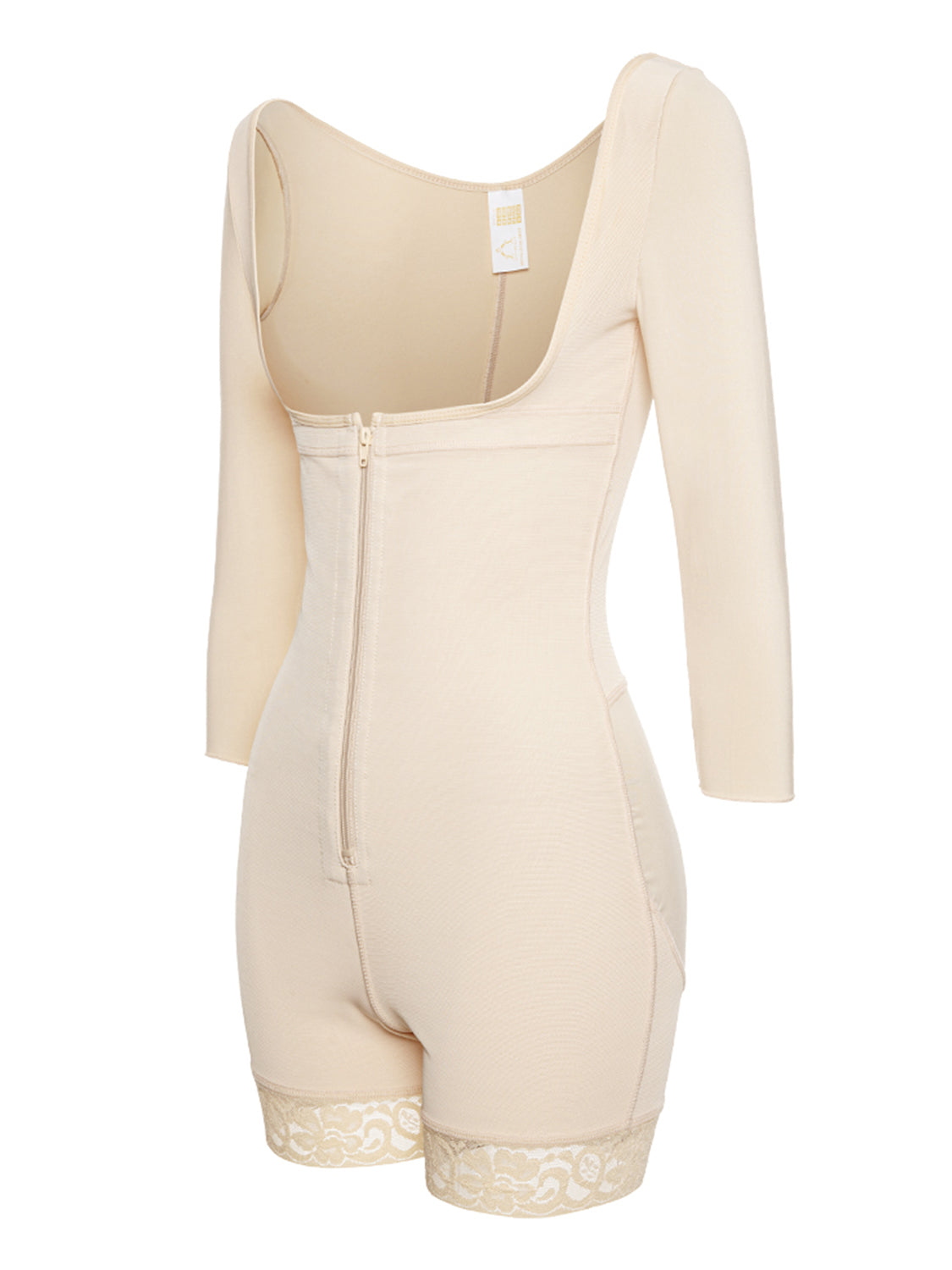 Beige Trendsi plus size zip up shapewear with long sleeves and lace trim shorts