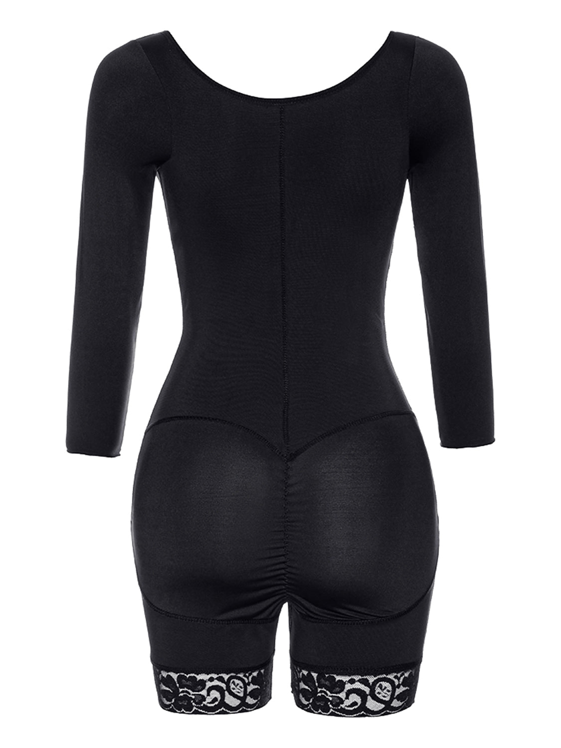 Black plus size zip up shapewear with long sleeves and lace trim at the thighs by Trendsi