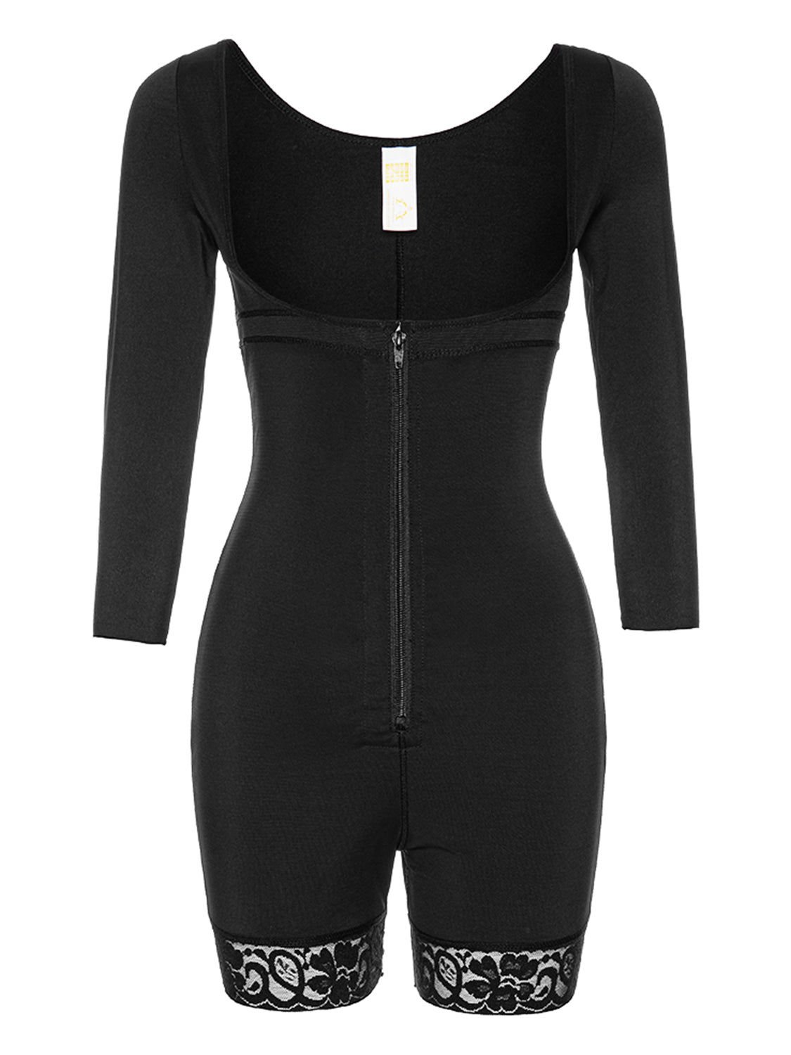 Trendsi black plus size zip up shapewear with long sleeves and lace trim at the thigh hem