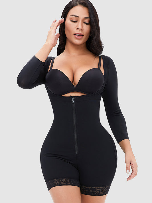 Trendsi black plus size zip up shapewear with 3 quarter sleeves and lace trim on legs