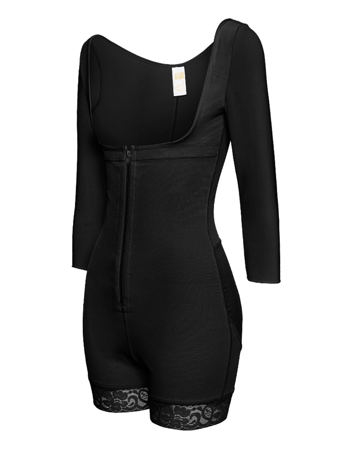 Black plus size zip up shapewear with long sleeves and lace trim shorts for body contouring