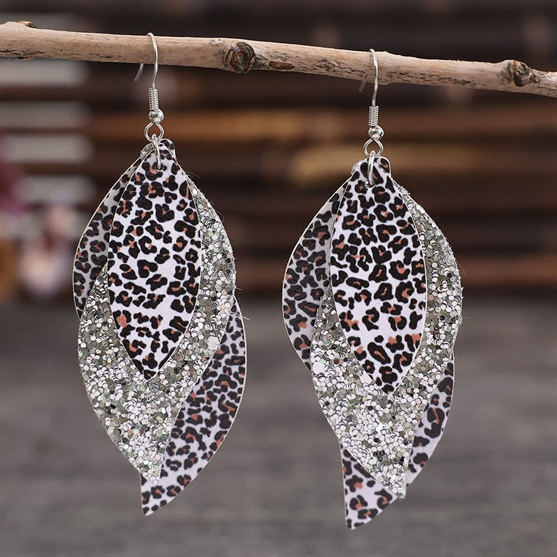 Trendsi PU leather statement earrings with leopard print and silver glitter layered leaf design