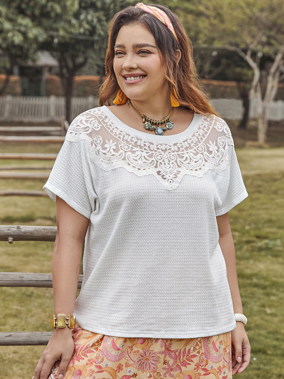 Trendsi round neck short sleeve plus size blouse with lace detailing on the neckline in white