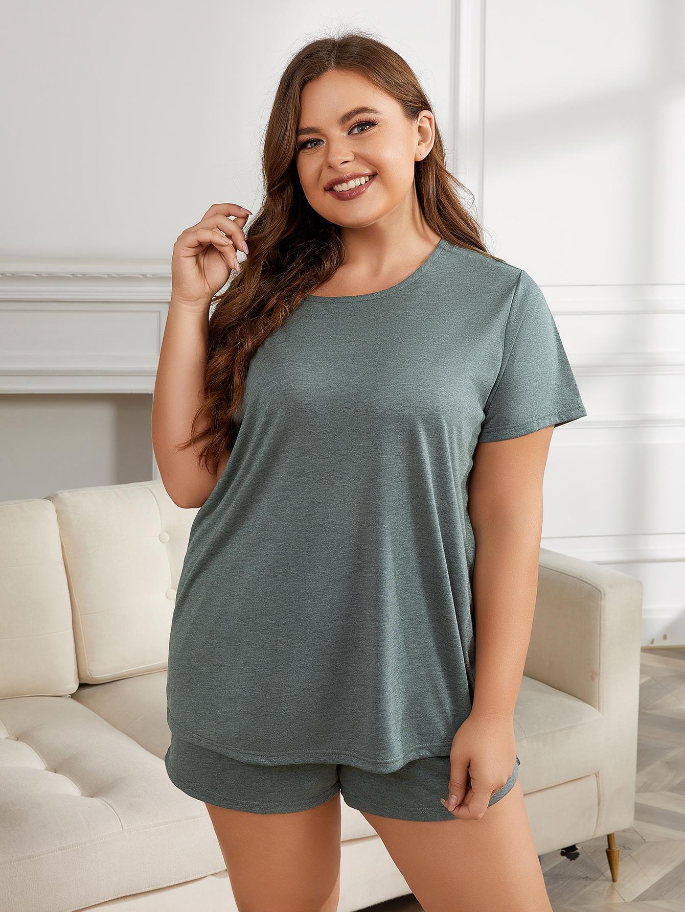 round neck short sleeve plus size pajamas in soft gray lounge set with relaxed fit