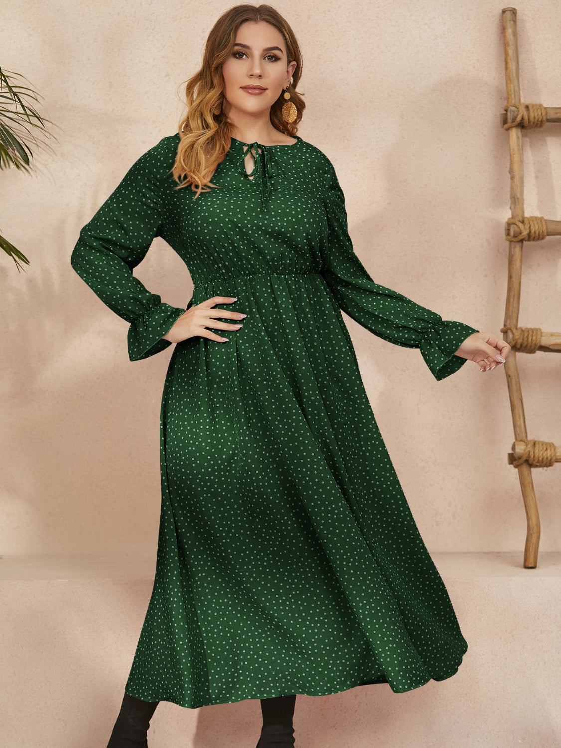 Honey Plus Size long sleeve ruffled dress with polka dot pattern in green