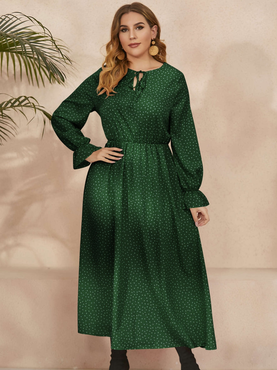 Honey Plus Size ruffled long sleeve green polka dot dress with waist definition and comfortable fit
