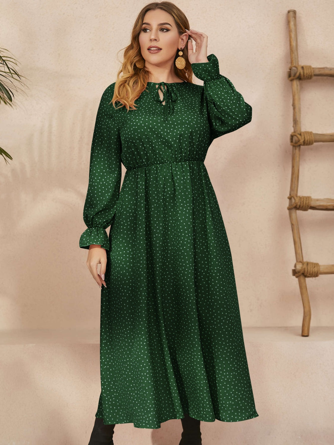 Honey Plus Size long sleeve green polka dot ruffled midi dress with waist definition