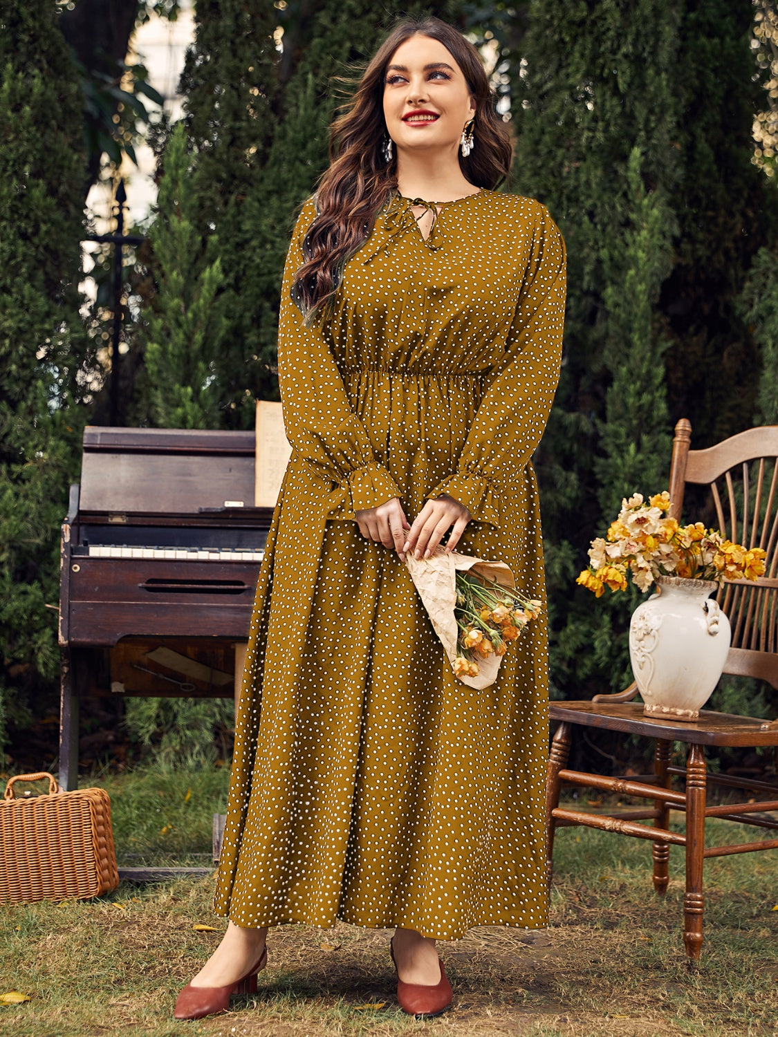 Honey plus size ruffled long sleeve dress with polka dot pattern in mustard yellow