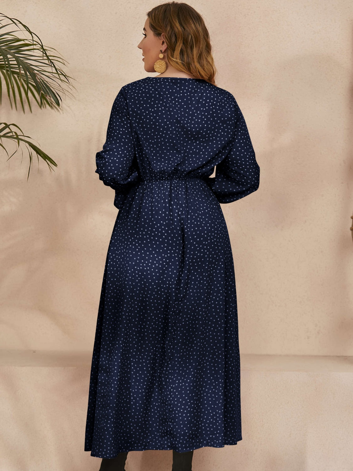 Honey Plus Size navy polka dot long sleeve ruffled dress back view