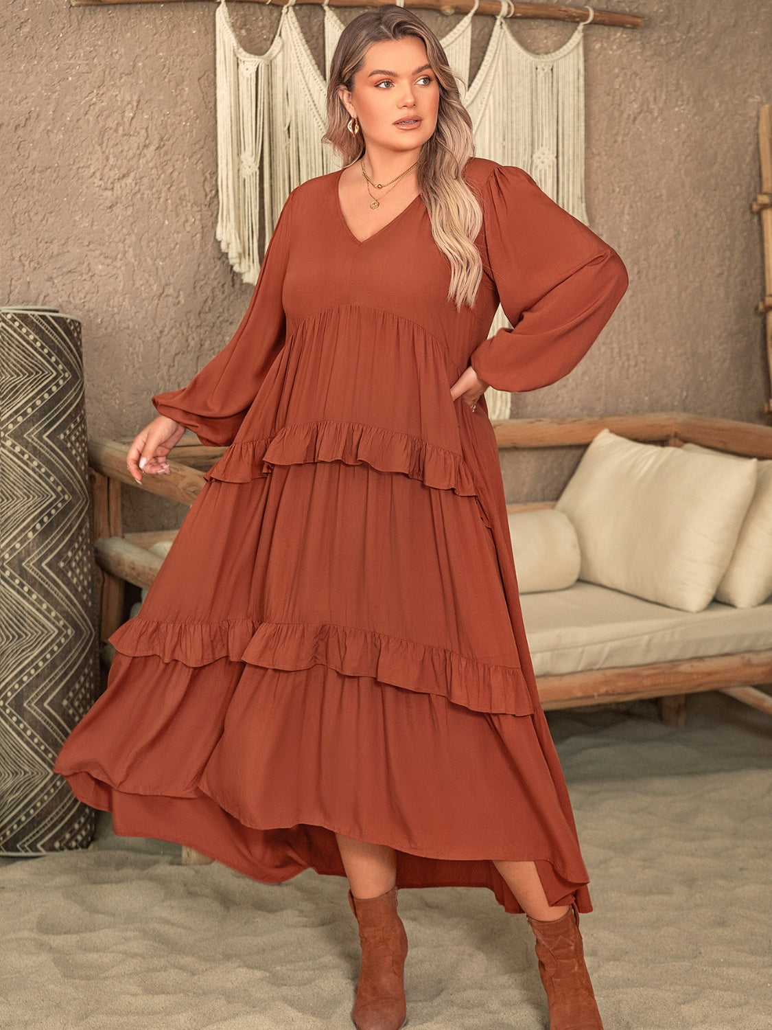 Trendsi plus size ruffled dress in rust color with long sleeves and tiered design