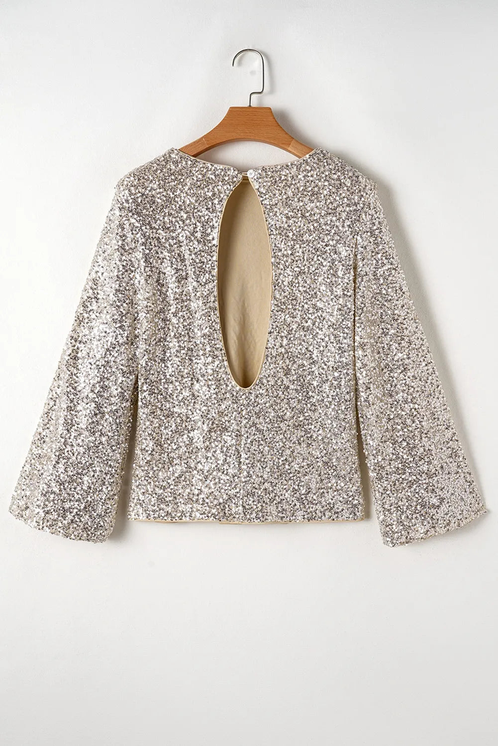 Trendsi open back dressy blouse plus size in silver sequins with long sleeves on hanger