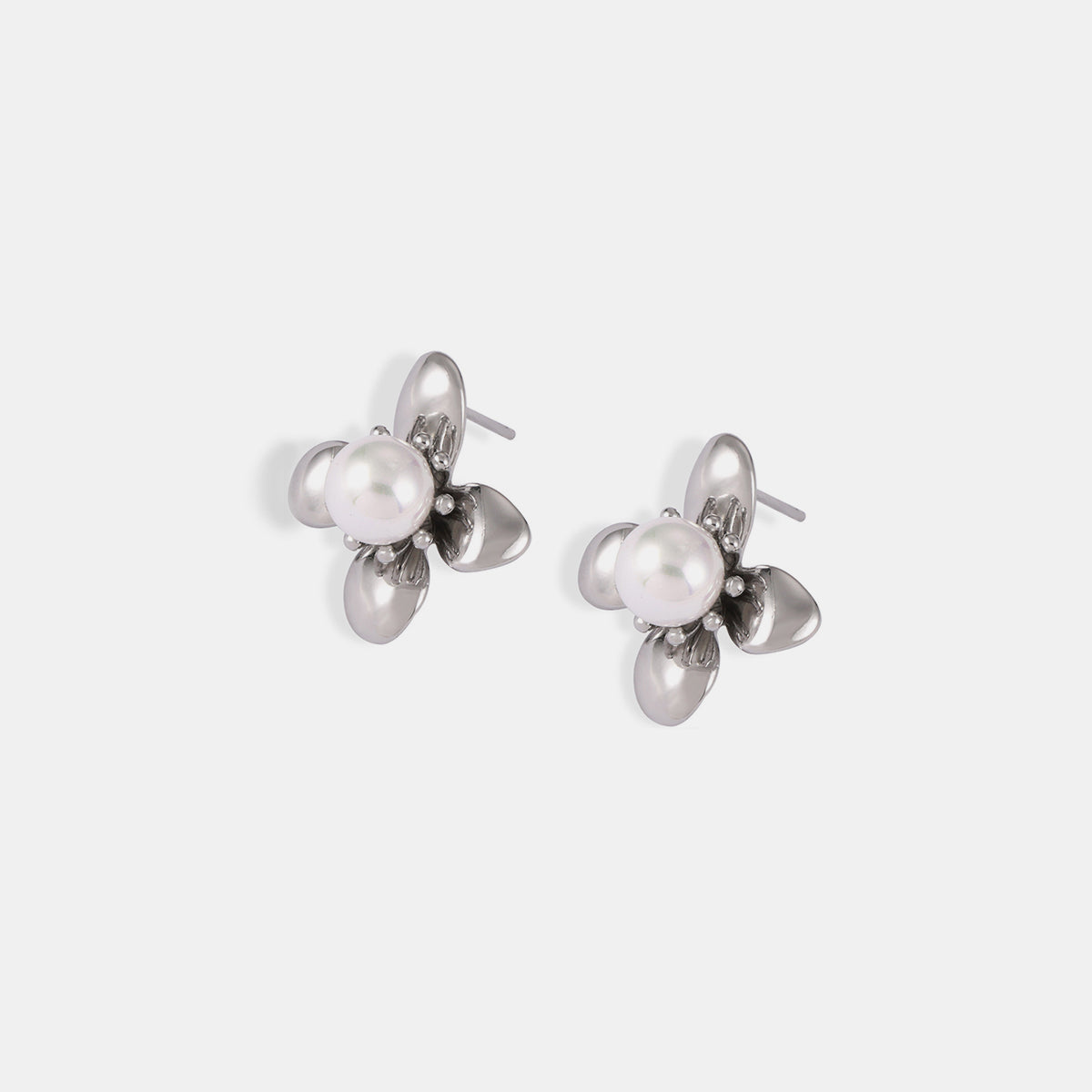 Trendsi synthetic pearl titanium earrings with floral design and polished silver petals