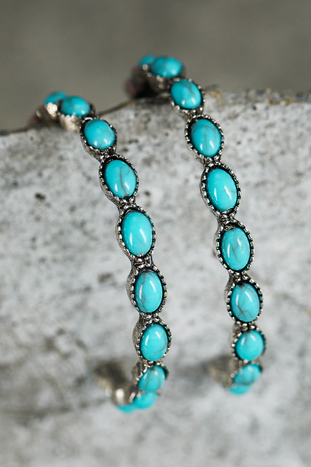 Sky blue gem hoop earrings by kjplussizefashion featuring oval turquoise stones in silver settings
