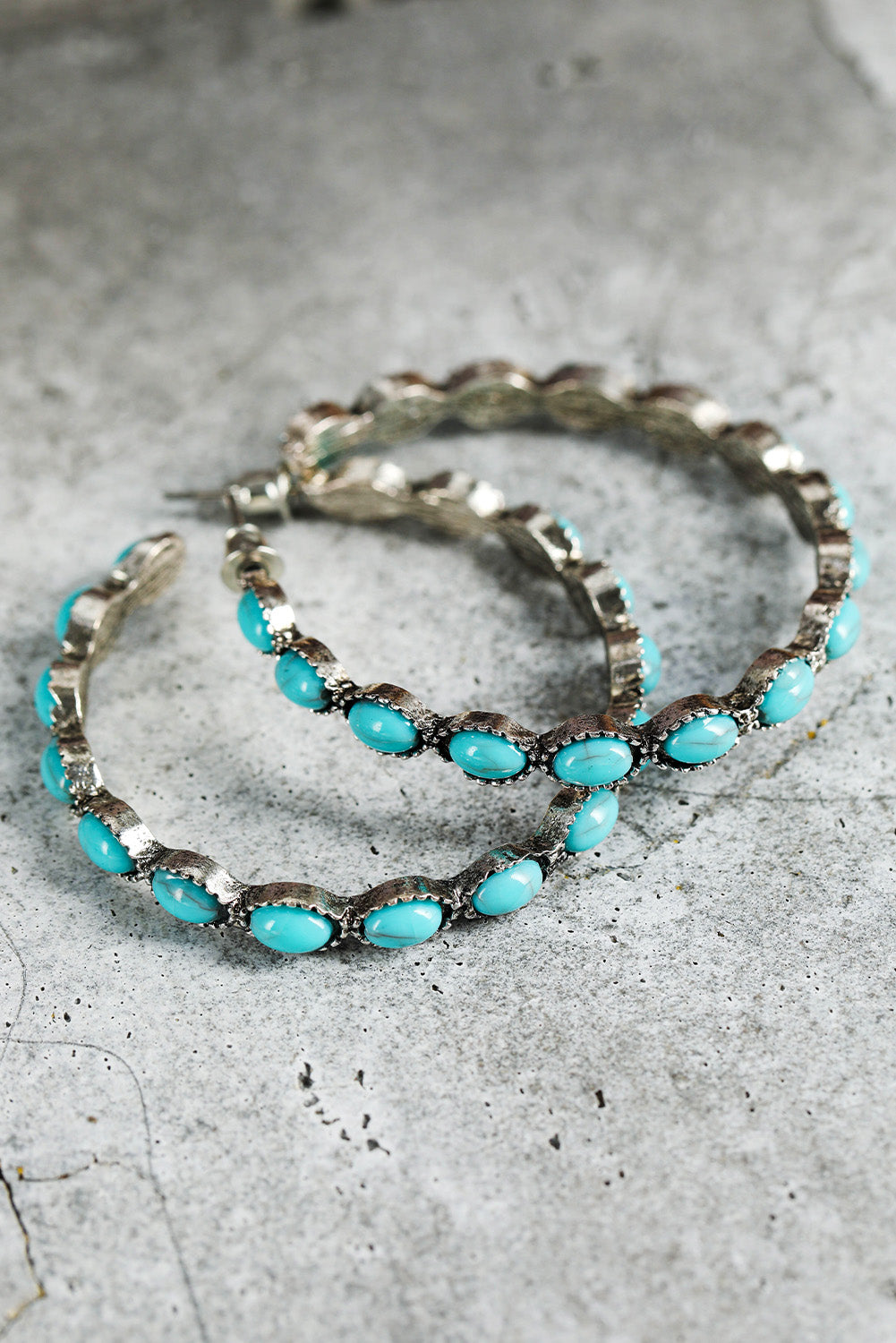 Sky blue gem hoop earrings with silver tone metal setting by kjplussizefashion