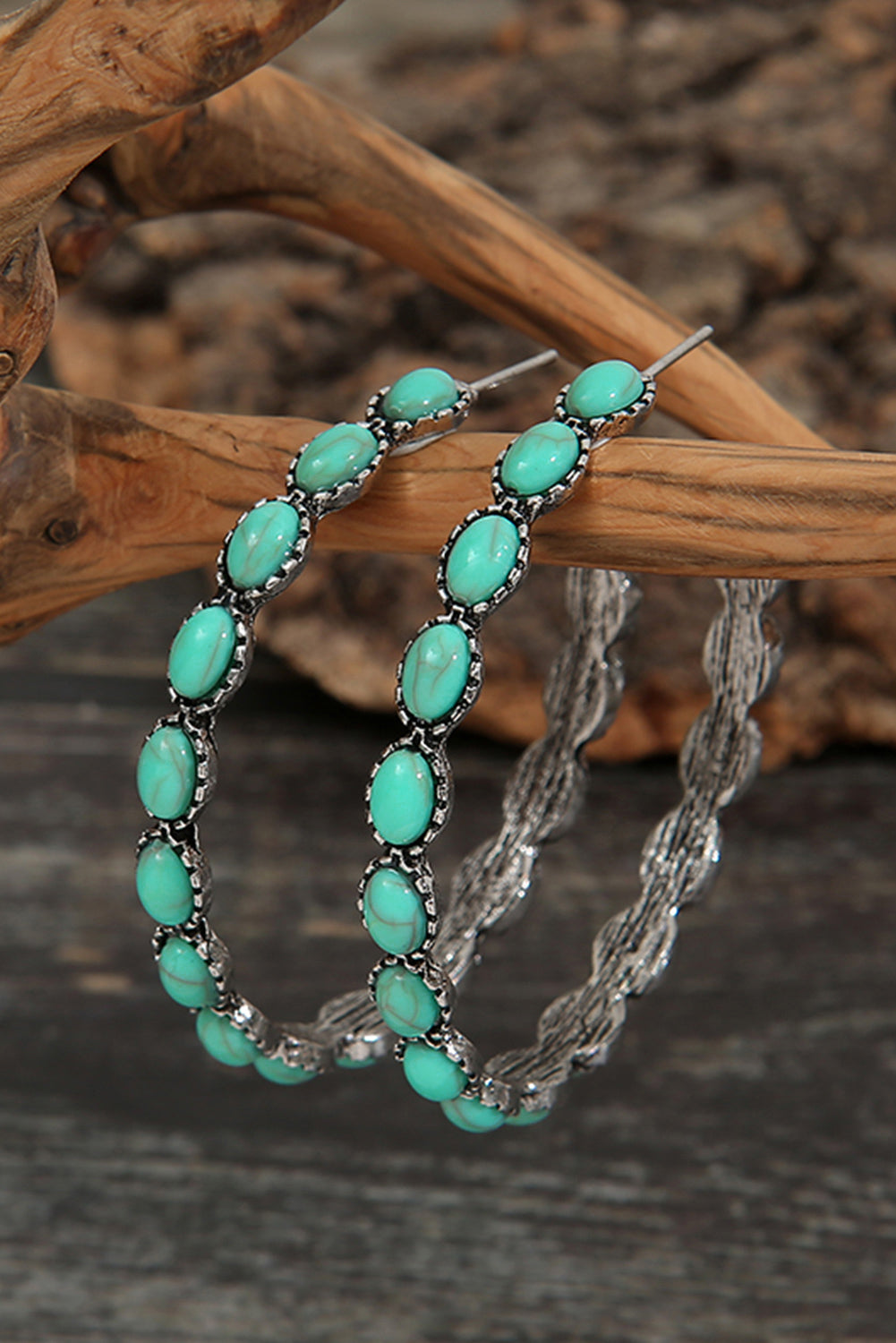 kjplussizefashion sky blue gem hoop earrings with silver detailing on wooden display