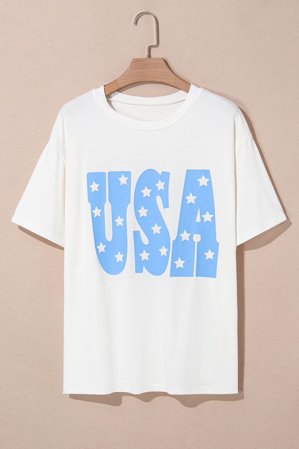 White plus size tee with sky blue USA graphic plus size tee print and star design on front