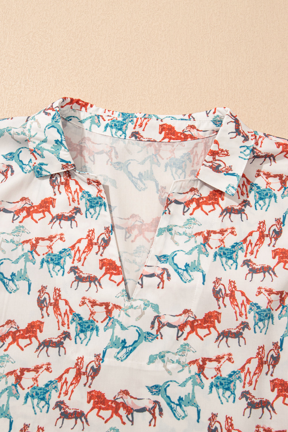 White split neck western plus size top with colorful horse print pattern and collar