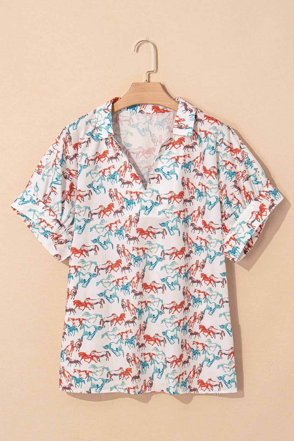 Split neck western plus size top with colorful horse print short sleeves by kjplussizefashion