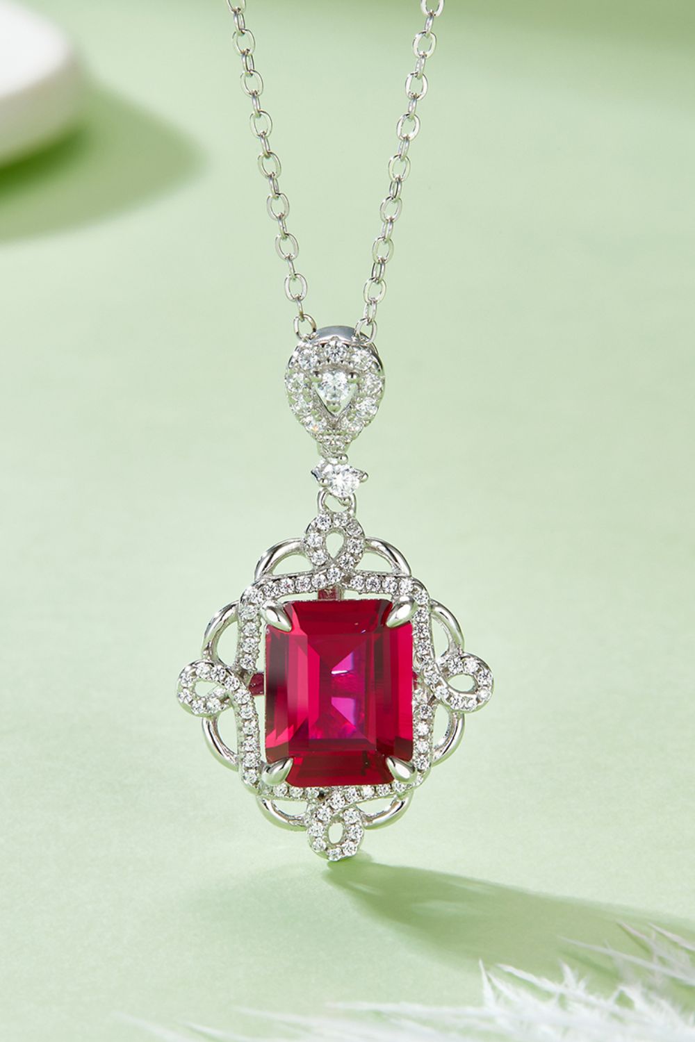 Trendsi sterling silver ruby pendant necklace with a large rectangular ruby and intricate diamond accents