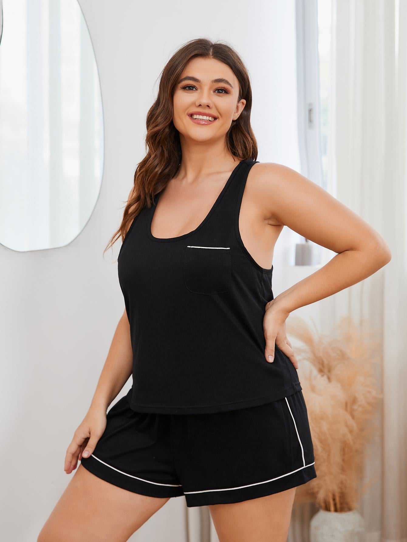 Trendy plus size sleepwear for women black tank top and shorts set with white trim from Trendsi