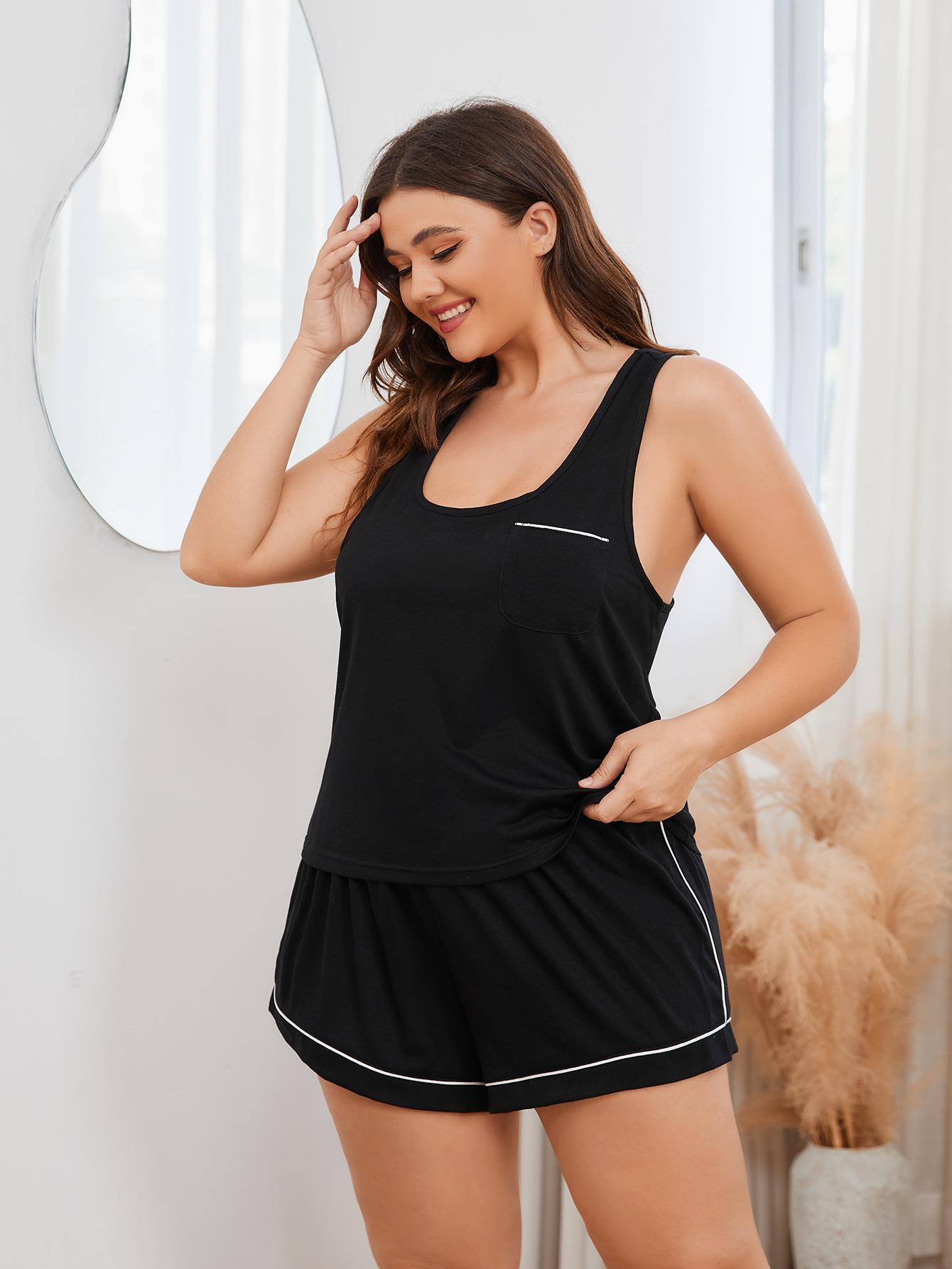 Trendy plus size sleepwear for women black tank top and shorts set with white piping detailing