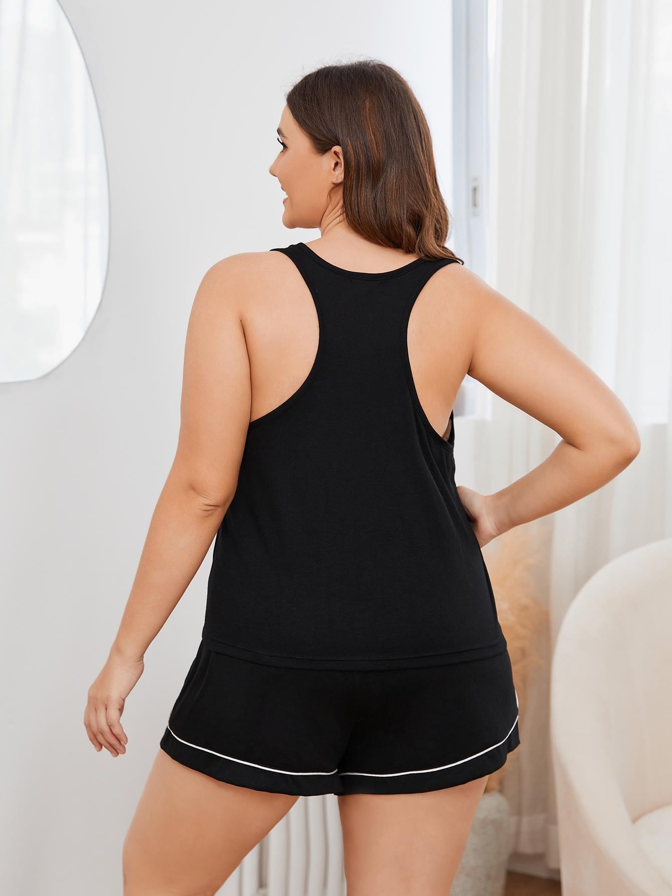 Trendy plus size sleepwear for women black sleeveless tank top and shorts set by Trendsi