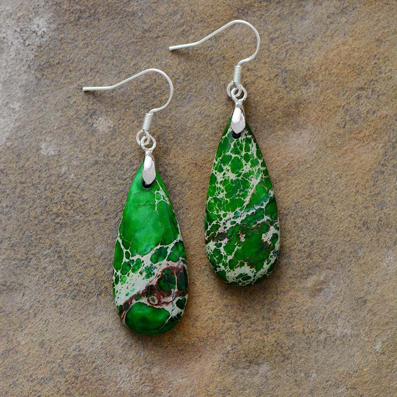 Turquoise copper drop earrings with green and brown marbled teardrop stones and silver hooks