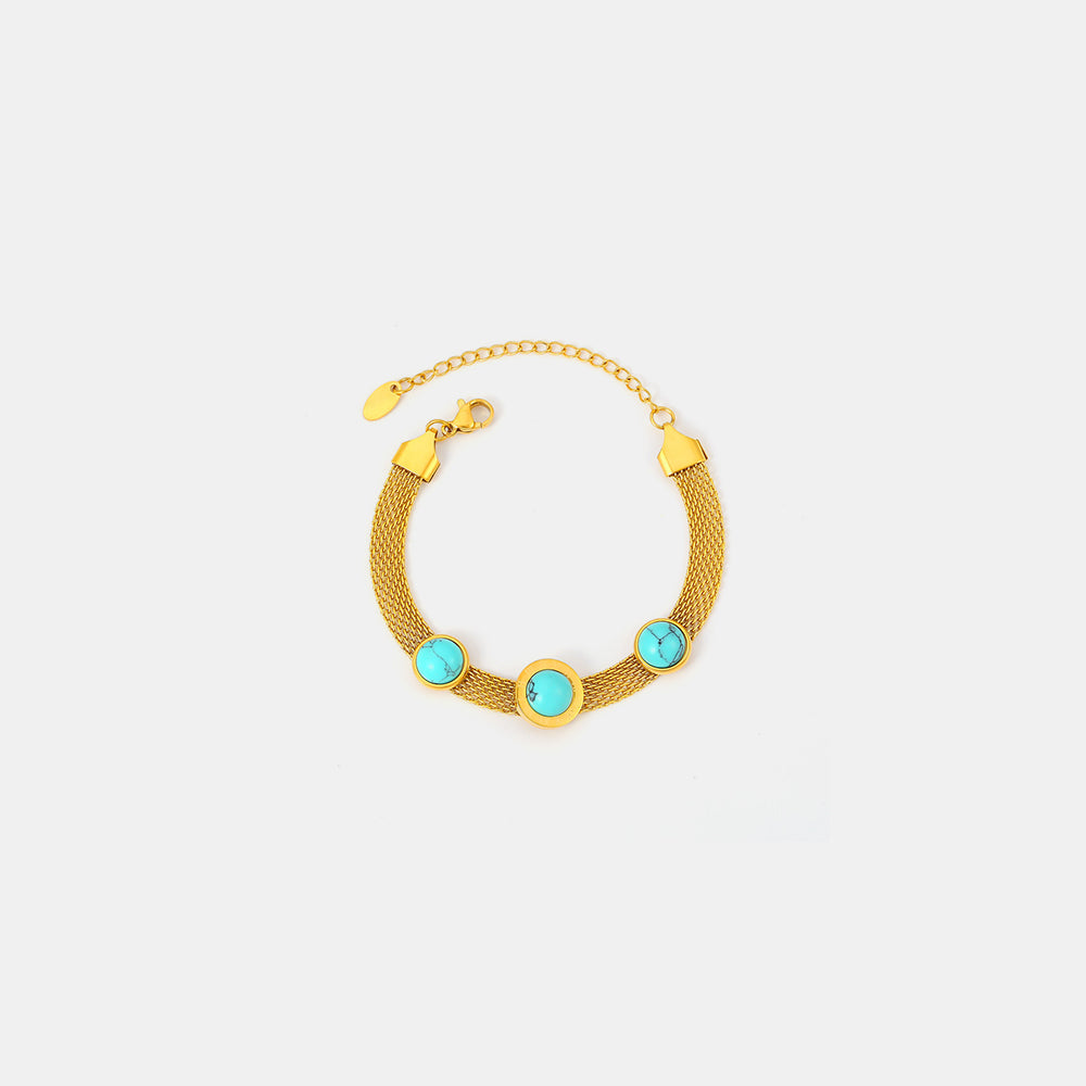 Trendsi gold mesh bracelet with three turquoise stones featuring turquoise titanium steel bracelet design
