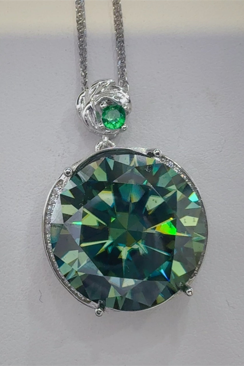 Trendsi 20 carat moissanite pendant necklace with a large green moissanite stone and silver chain