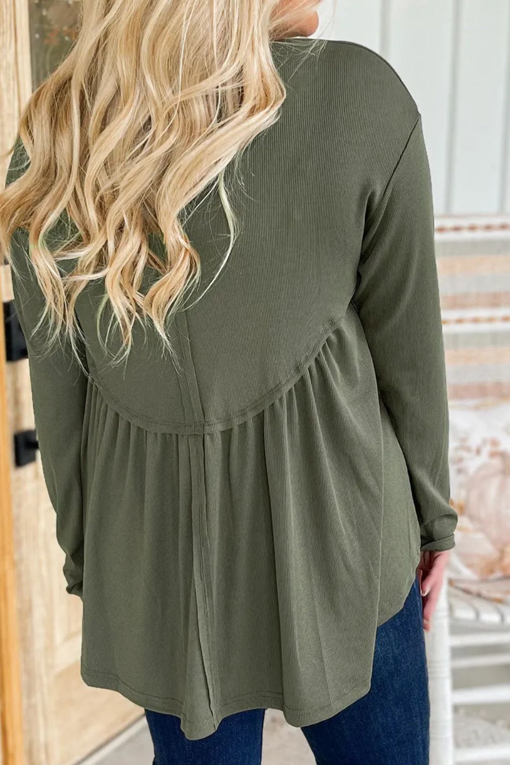 Trendsi casual plus size long sleeve blouse in olive green with gathered back detail