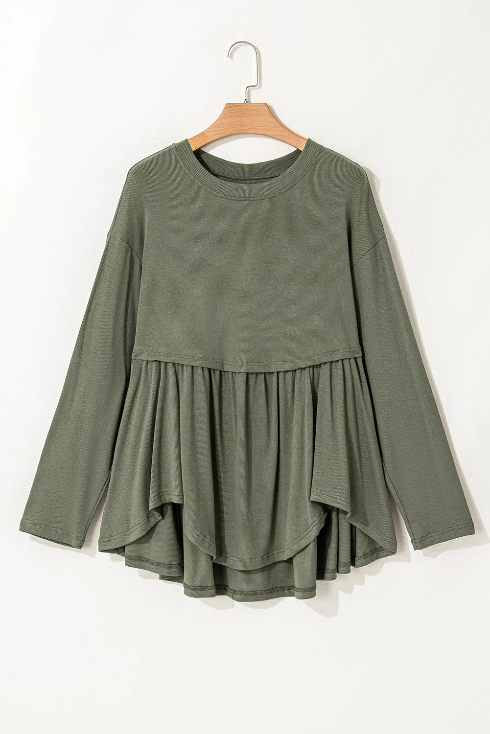 Trendsi casual plus size long sleeve blouse in olive green with layered flowy hem
