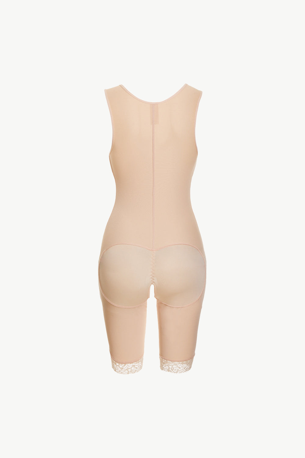 full body plus size shapewear in nude color with lace trim and back closure
