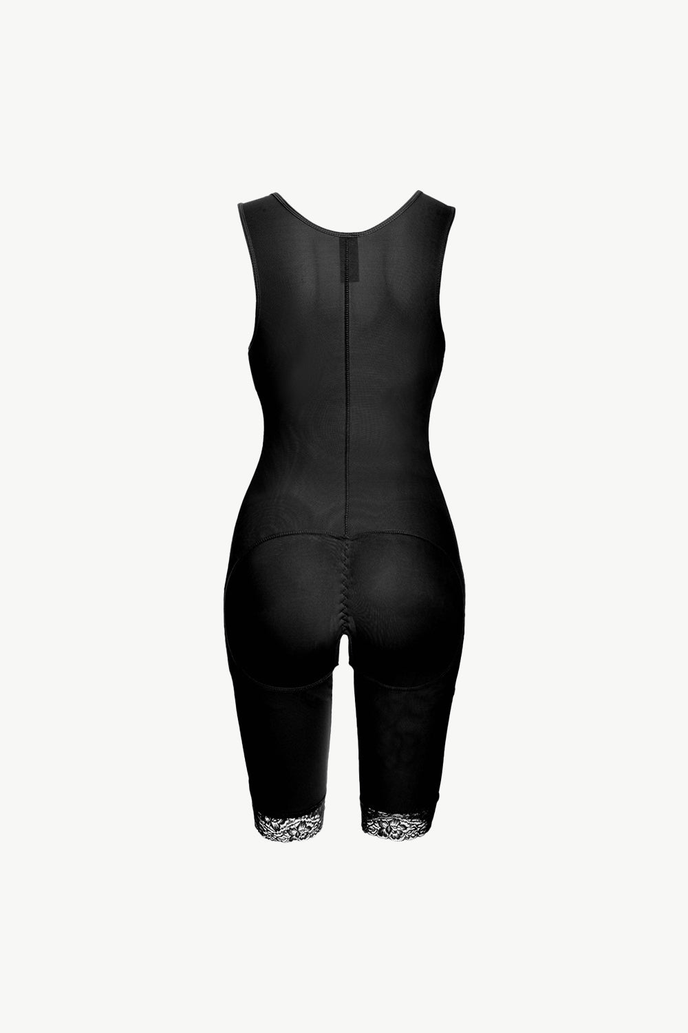 Black full body plus size shapewear with lace trim on leg openings and sleeveless design