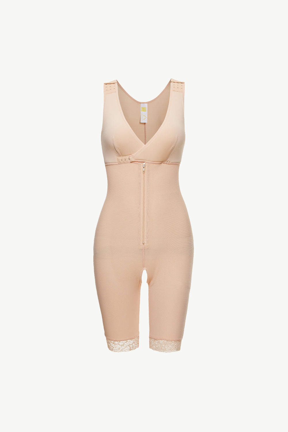 beige full body plus size shapewear with front zipper and lace trim on legs