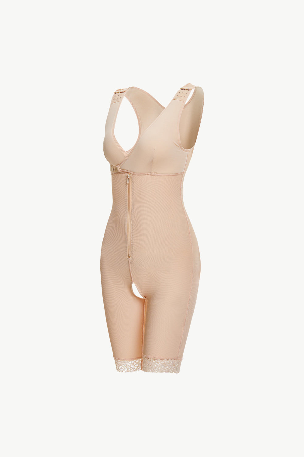 beige full body plus size shapewear with adjustable straps and front zipper closure
