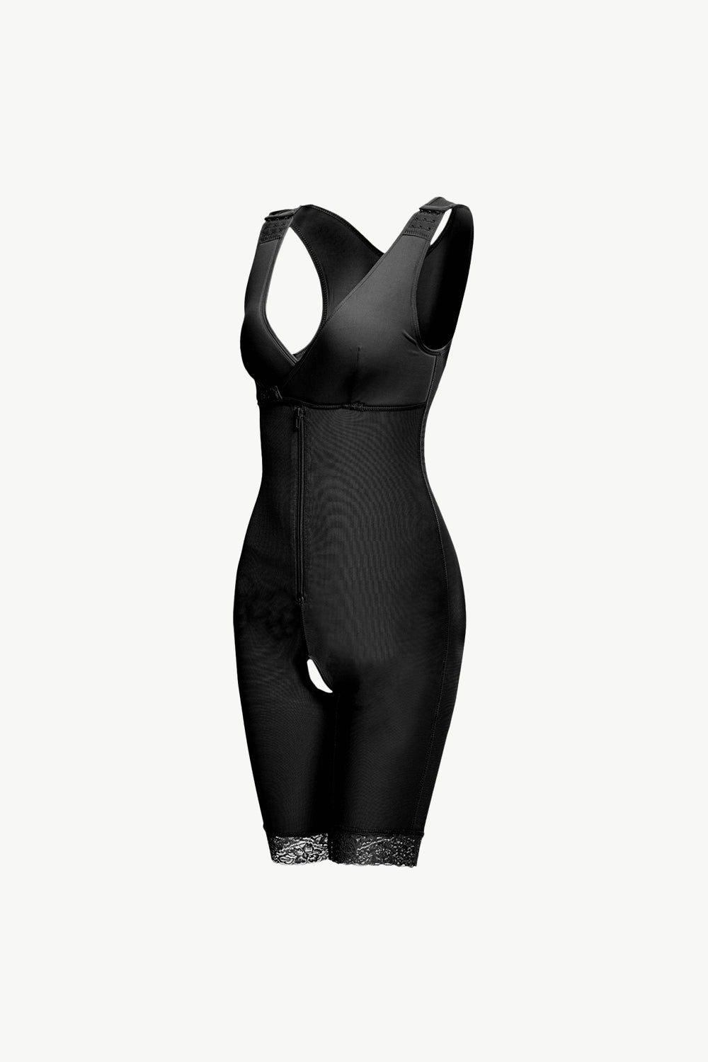 black full body plus size shapewear with adjustable straps and lace trim on legs