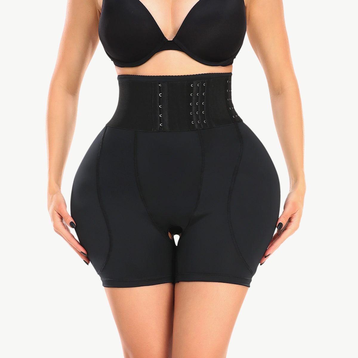 Trendsi full coverage padded shorts for women in black with waist cincher belt for body shaping