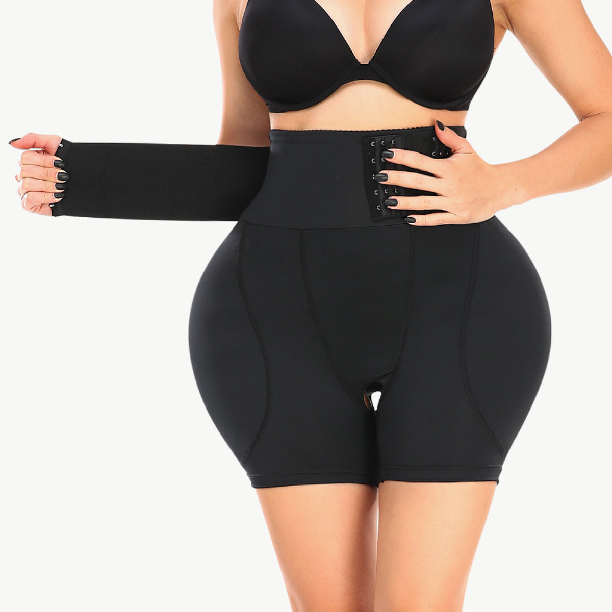Trendsi full coverage padded shorts for women in black with adjustable waist cincher