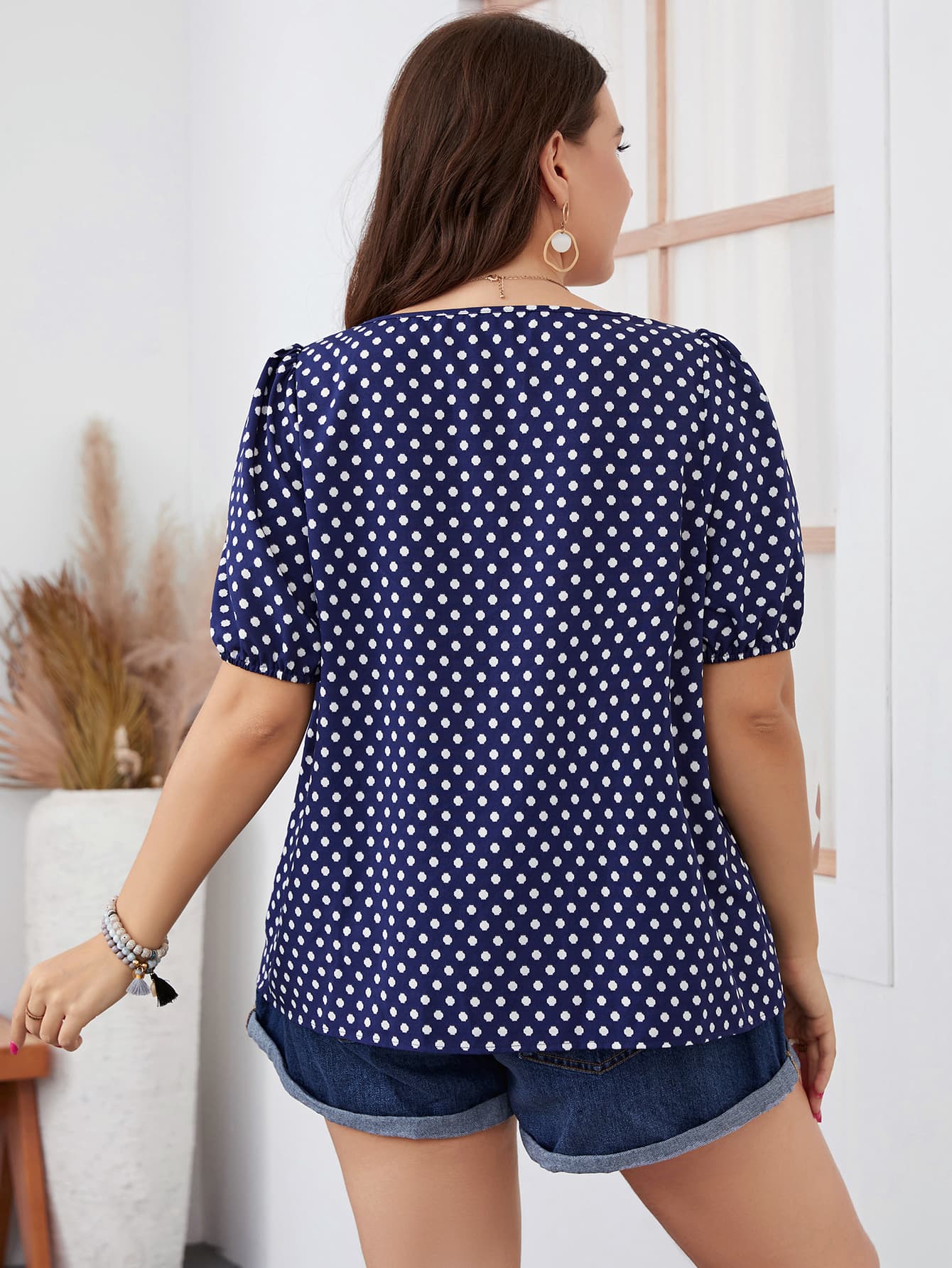 Trendsi honey polka dot blouse for women in navy with white dots and short puff sleeves